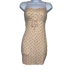 beige ribbed cherry print mini dress